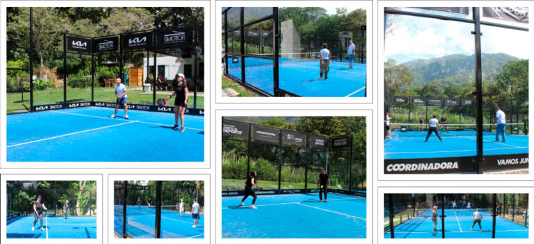 Collage de partidos de pádel durante la celebración del Día de Amor y Amistad de Exgen en Padel Garden con múltiples canchas en acción