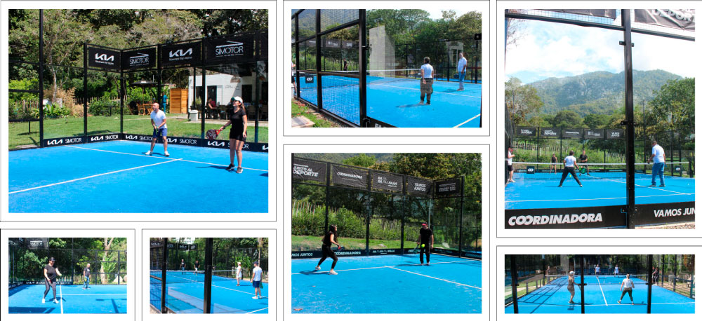 Collage de partidos de pádel durante la celebración del Día de Amor y Amistad de Exgen en Padel Garden con múltiples canchas en acción