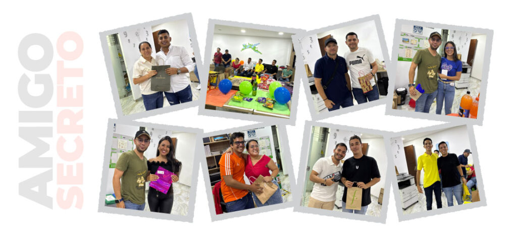 Colaboradores participando en la entrega de regalos del Amigo Secreto durante una actividad corporativa de integración y bienestar laboral.