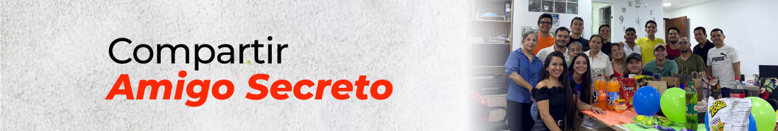 Actividad corporativa de Amigo Secreto con colaboradores compartiendo alimentos y regalos en una jornada de integración por colores.